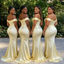 Elegant Pale Yellow Off-the-Shoulder Satin Mermaid Silhouette Bridesmaid Dress, BD3459