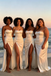 Cream Satin Corset Bridesmaid Dress with Lace Trim & High Slit - Beach Wedding, BD3460