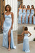 Light Blue Soft Satin Spaghetti Straps Cowl Mermaid Bridesmaid Dresses with Slit, BD3463