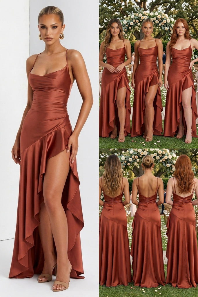 Rust Satin Spaghetti Straps Ruffled Side Slit Bridesmaid Dresses for Fall Wedding, BD3467