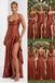 Rust Satin Spaghetti Straps Ruffled Side Slit Bridesmaid Dresses for Fall Wedding, BD3467