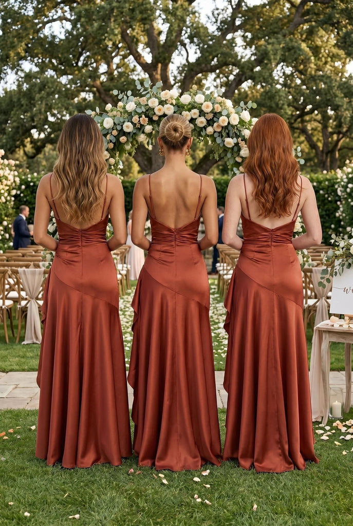 Rust Satin Spaghetti Straps Ruffled Side Slit Bridesmaid Dresses for Fall Wedding, BD3467