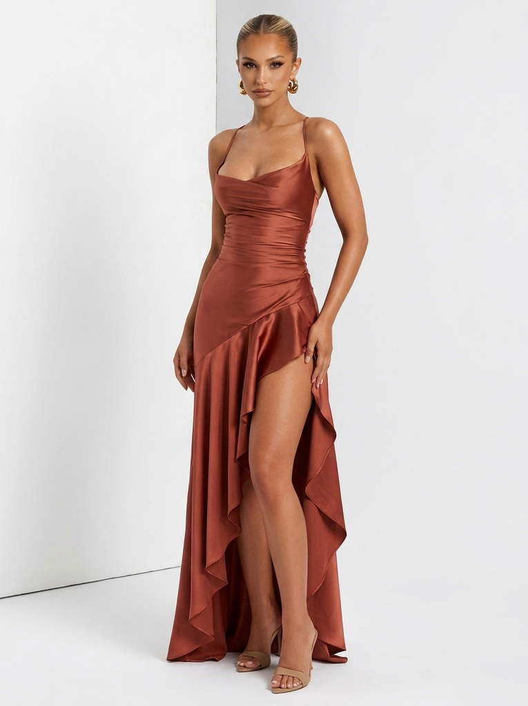 Rust Satin Spaghetti Straps Ruffled Side Slit Bridesmaid Dresses for Fall Wedding, BD3467