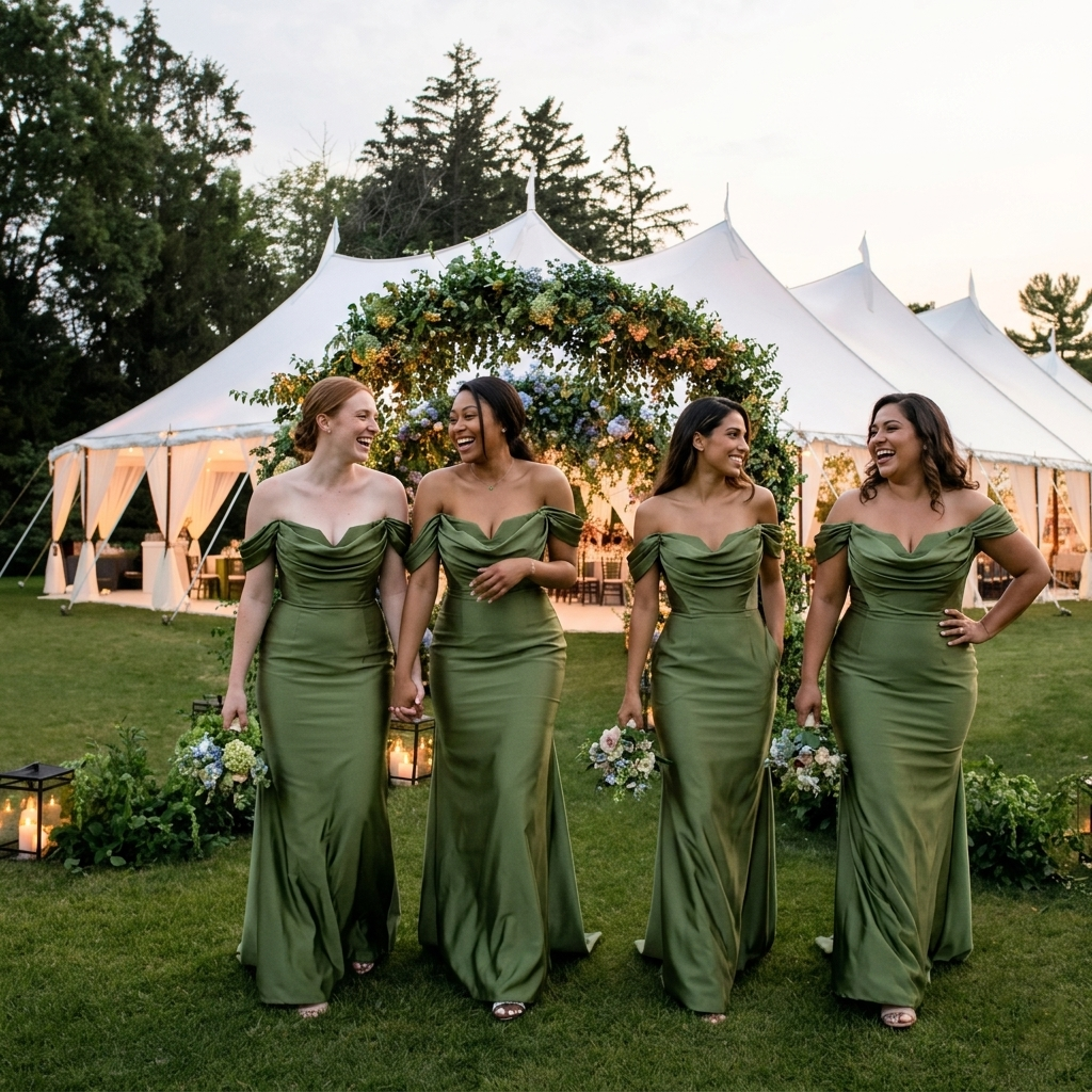 Elegant Olive Green Satin Off The Shoulder Mermaid Bridesmaid Dress for Wedding Party, BD3469