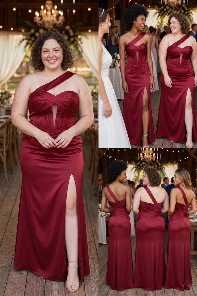Burgundy Satin One Shoulder Side Slit Mermaid Bridesmaid Dress, BD3473