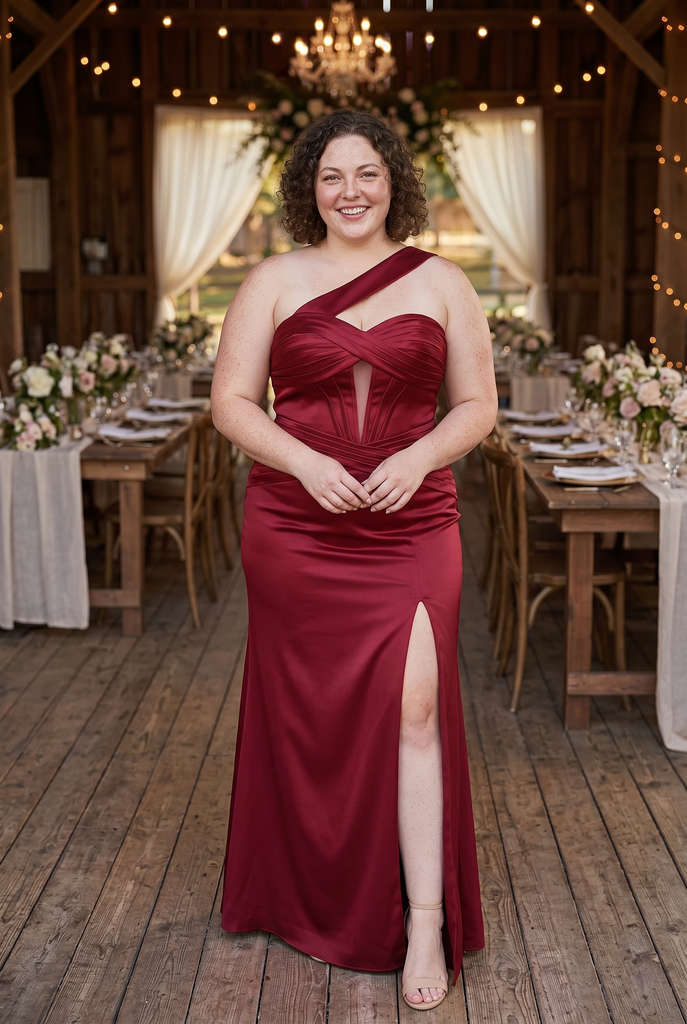 Burgundy Satin One Shoulder Side Slit Mermaid Bridesmaid Dress, BD3473