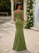 Olive Green Satin Off The Shoulder Mermaid Bridesmaid Dress, BD3474