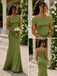 Olive Green Satin Off The Shoulder Mermaid Bridesmaid Dress, BD3474