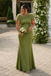 Olive Green Satin Off The Shoulder Mermaid Bridesmaid Dress, BD3474