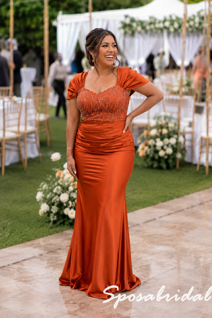 Burnt Orange Satin Beaded Sweetheart Puff Sleeves Mermaid Formal Gown, BD3476