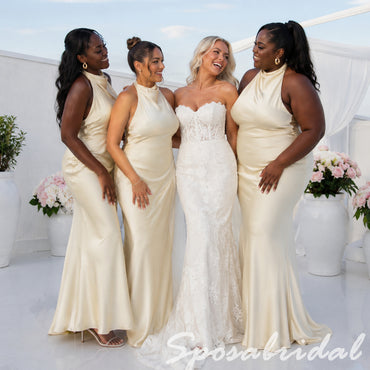 Luxury Champagne Satin Halter Mermaid Bridesmaid Dress With Open Back Tie Detail, BD3478