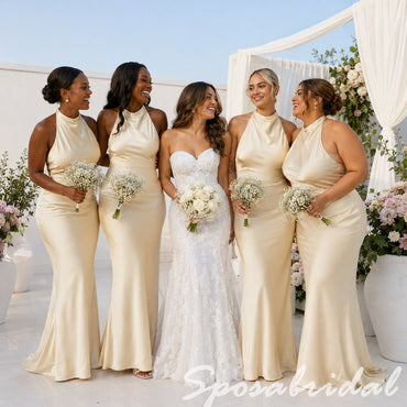Luxury Champagne Satin Halter Mermaid Bridesmaid Dress With Open Back Tie Detail, BD3478
