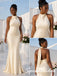 Luxury Champagne Satin Halter Mermaid Bridesmaid Dress With Open Back Tie Detail, BD3478