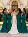 Mismatched Luxe Emerald Green Satin Sheer Tulle Neckline Mermaid Bridesmaid Dresses, BD3479