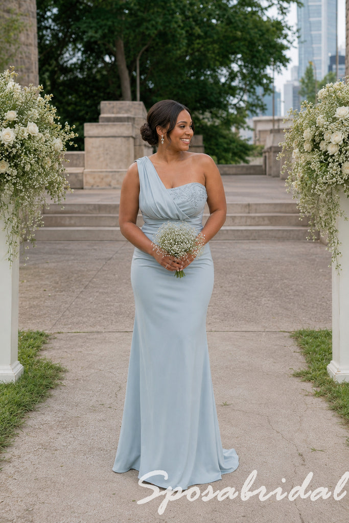 Dusty Blue Soft Satin Mismatched Mermaid Bridesmaid Dresses with Lace Appliques, BD3480