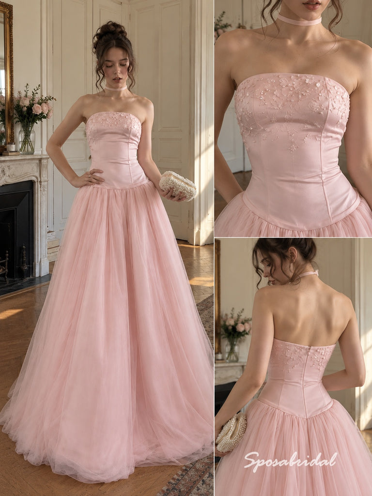 Blush Pink Beaded Embroidery Satin Strapless Corset Tulle Ball Gown Floor Length Evening Dress, PD4328