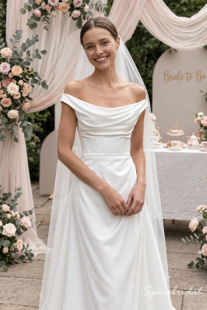 Off-The-Shoulder Draped Satin Sheath Wedding Dress,WD3134
