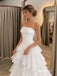 White Ruched Strapless Pleated Tiered Ruffle A-line Floor Length Evening Dress, PD4339