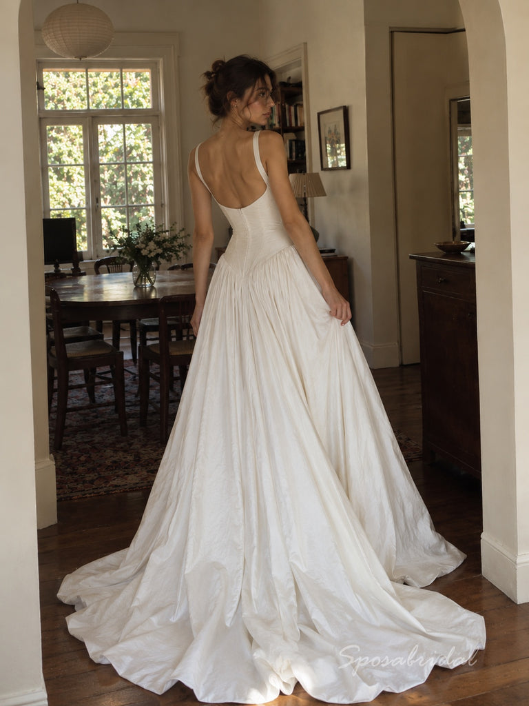 Ivory Matte Stretch Crepe Square Neck Thick Strap Corset Ball Gown Wedding Dress With Train,WD3135