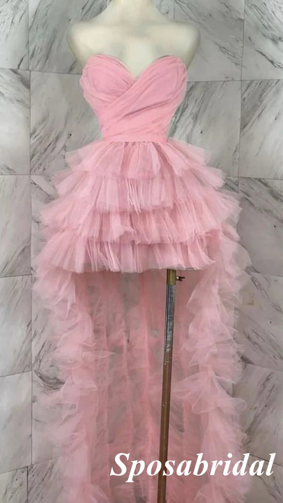 High Low Sweetheart Candy-Pink Tulle Long Prom Dress Formal PD3994