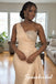 Elegant Champagne Satin One Shoulder Beaded Appliqué Mermaid Bridesmaid Gown With Draped Side Train, PD4305