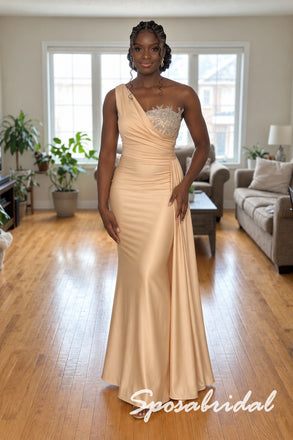 Elegant Champagne Satin One Shoulder Beaded Appliqué Mermaid Bridesmaid Gown With Draped Side Train, PD4305