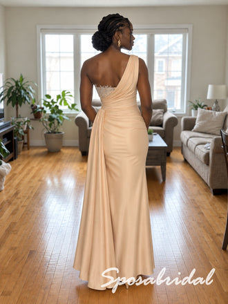 Elegant Champagne Satin One Shoulder Beaded Appliqué Mermaid Bridesmaid Gown With Draped Side Train, PD4305