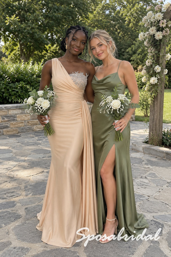 Elegant Champagne Satin One Shoulder Beaded Appliqué Mermaid Bridesmaid Gown With Draped Side Train, PD4305