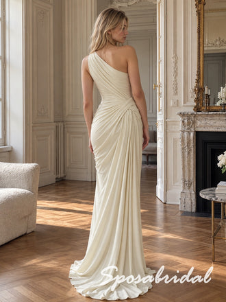 Elegant One Shoulder Asymmetric Ruched Ivory Jersey Draped Sheath Formal Evening Gown,PD4307