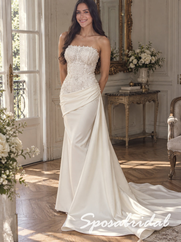 Strapless Sweetheart Neck Floral Appliqué Corset Bodice Satin Mermaid Wedding Bridal Dress, WD3130