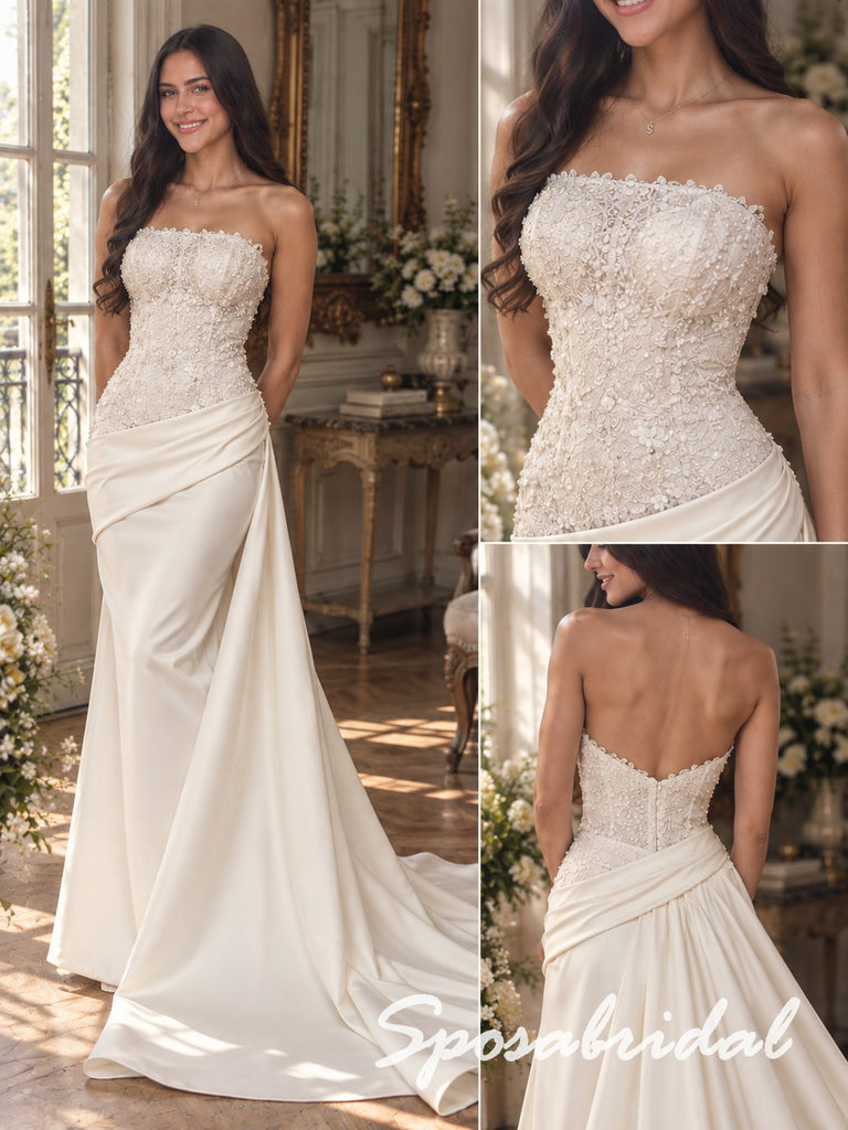 Strapless Sweetheart Neck Floral Appliqué Corset Bodice Satin Mermaid Wedding Bridal Dress, WD3130