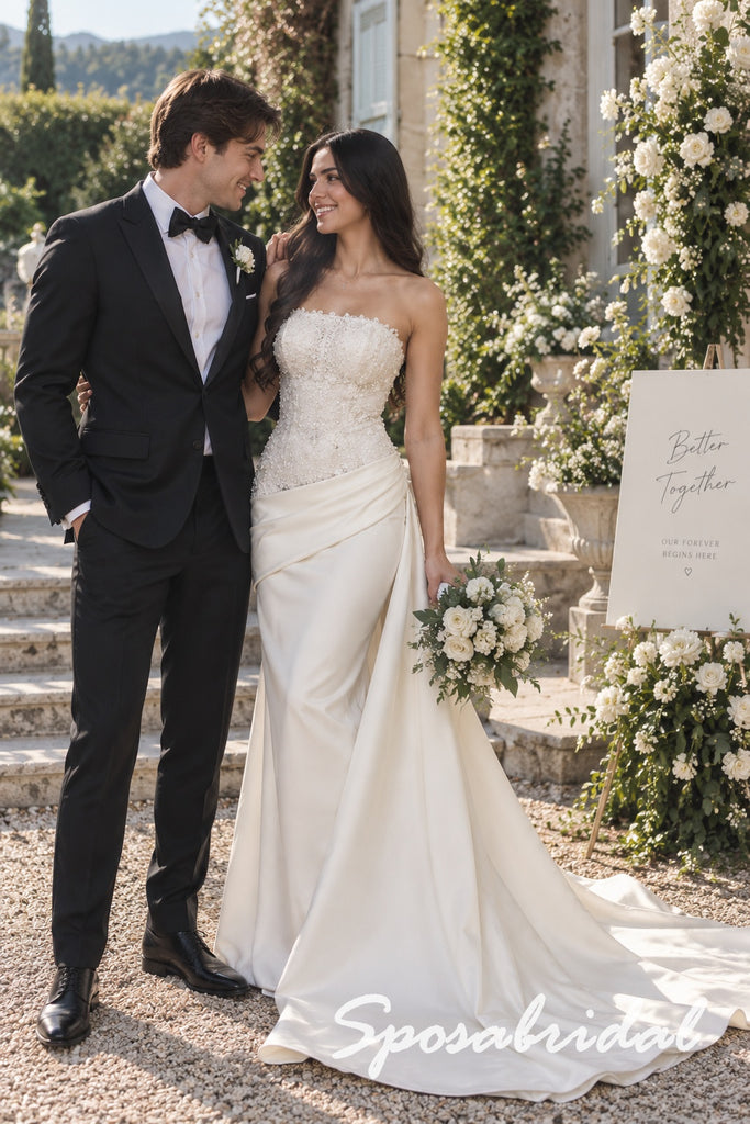 Strapless Sweetheart Neck Floral Appliqué Corset Bodice Satin Mermaid Wedding Bridal Dress, WD3130