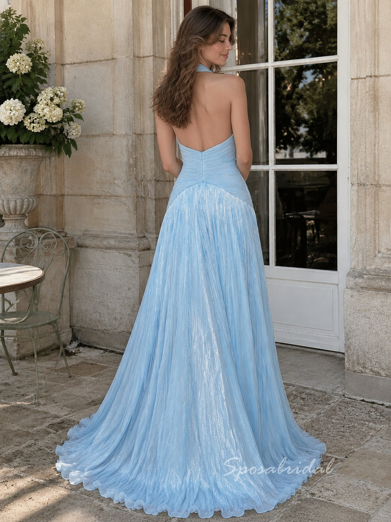 Light Blue Shimmer Chiffon Halter Deep V Pleated A-Line Dress,PD4310