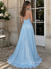 Light Blue Shimmer Chiffon Halter Deep V Pleated A-Line Dress,PD4310