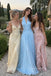 Light Blue Shimmer Chiffon Halter Deep V Pleated A-Line Dress,PD4310