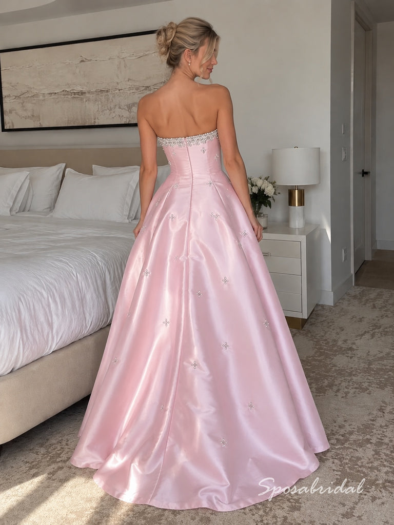 Pink Satin Strapless Beaded A-Line Prom Dress,PD4314