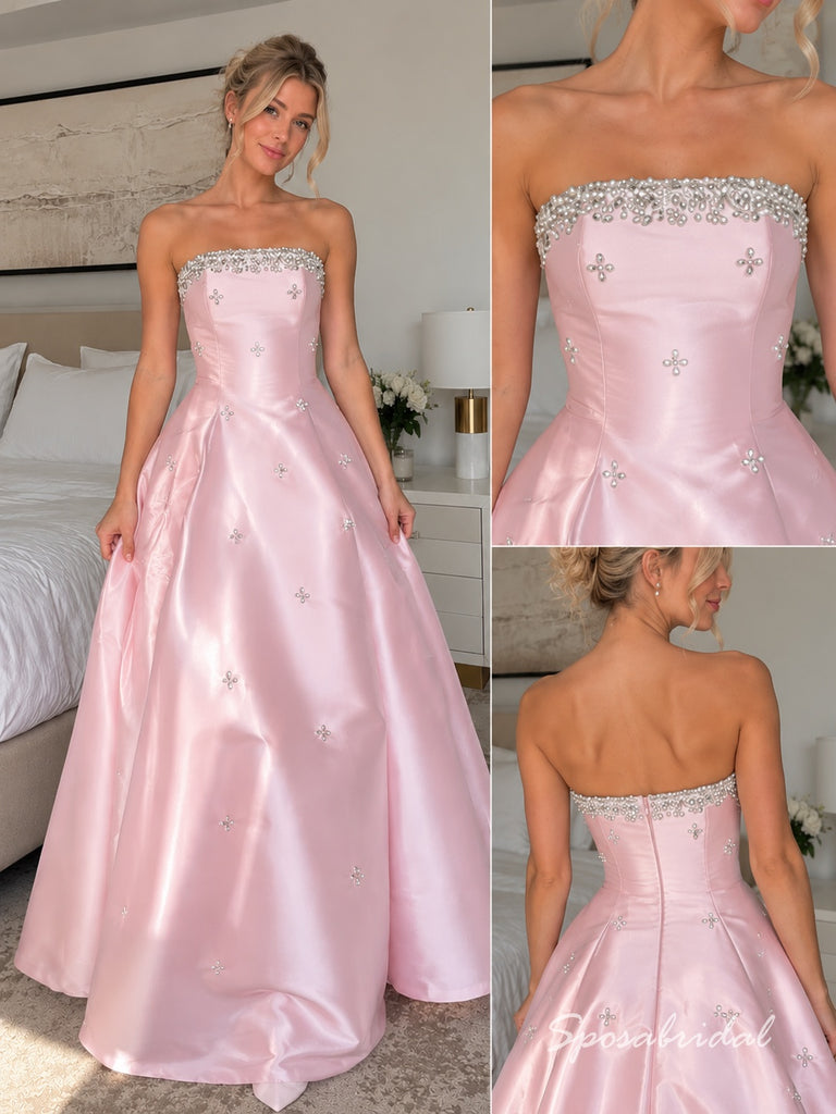 Pink Satin Strapless Beaded A-Line Prom Dress,PD4314
