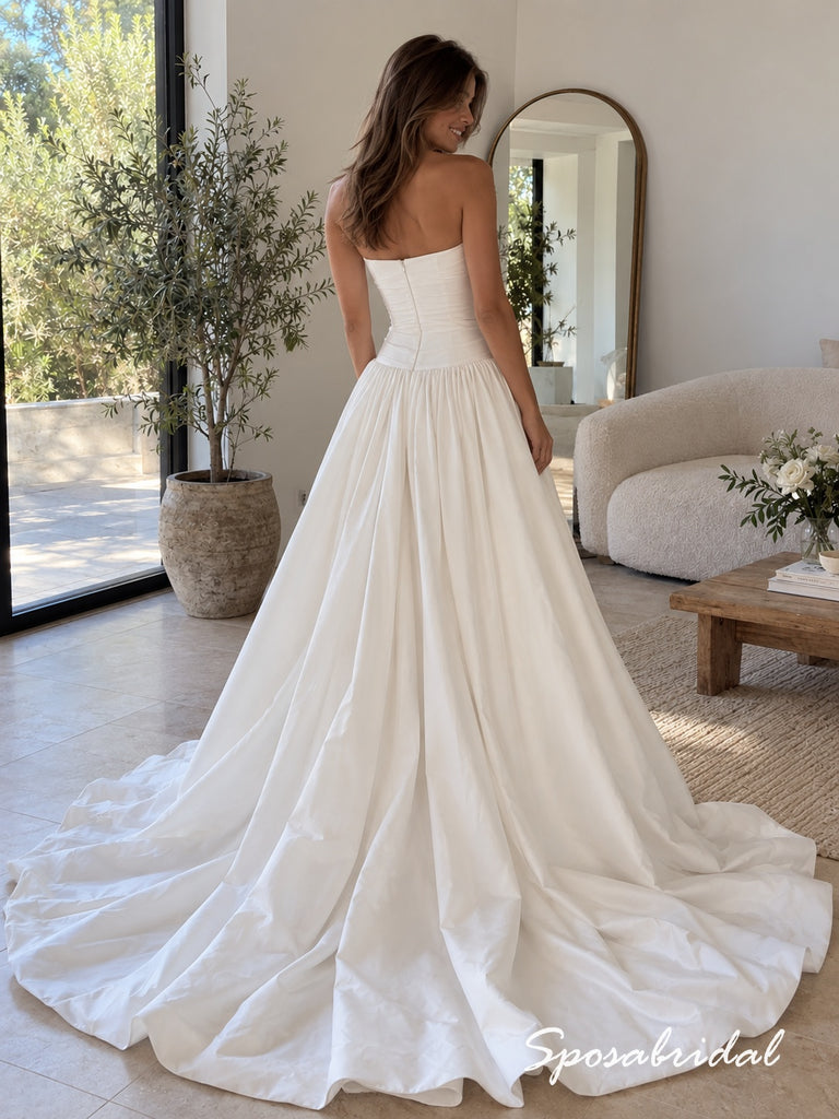 Strapless Ruched Satin A-Line Wedding Dress With Train,WD3133