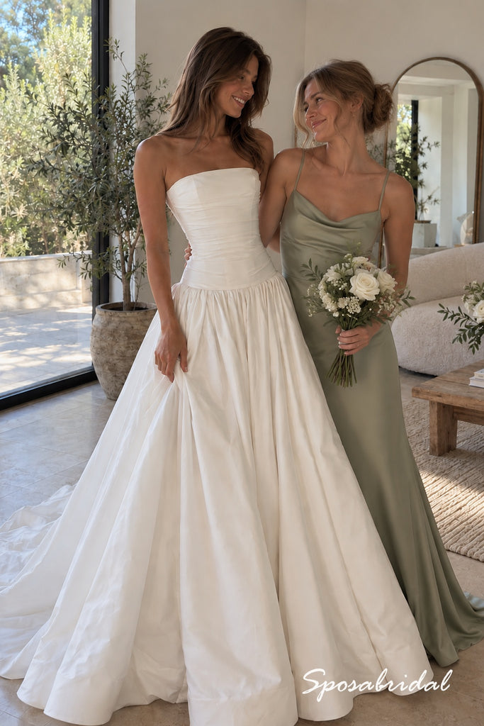 Strapless Ruched Satin A-Line Wedding Dress With Train,WD3133