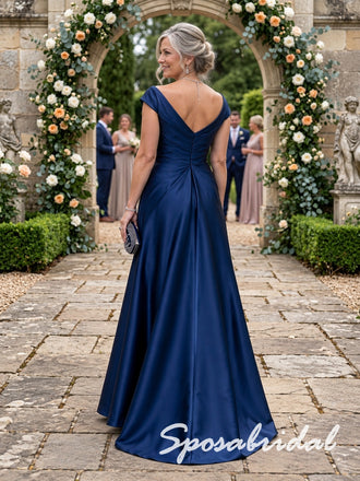 Elegant Navy Blue Draped Satin Cap Sleeves Mother Of The Bride Gown, SFM024