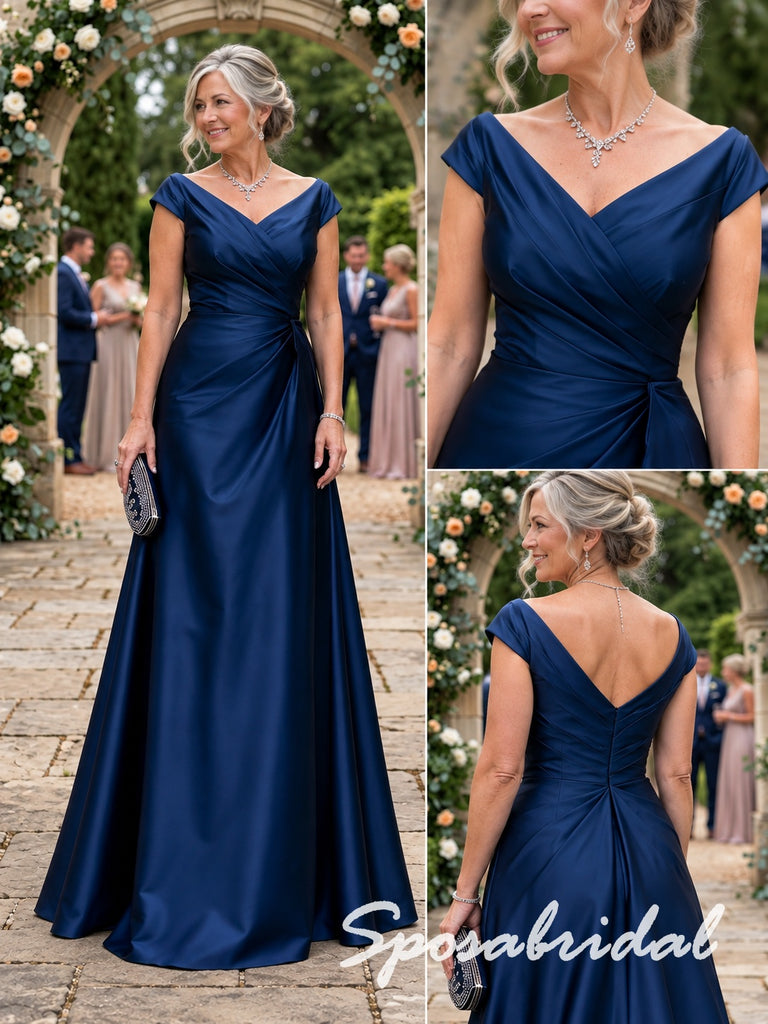 Elegant Navy Blue Draped Satin Cap Sleeves Mother Of The Bride Gown, SFM024