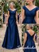 Elegant Navy Blue Draped Satin Cap Sleeves Mother Of The Bride Gown, SFM024