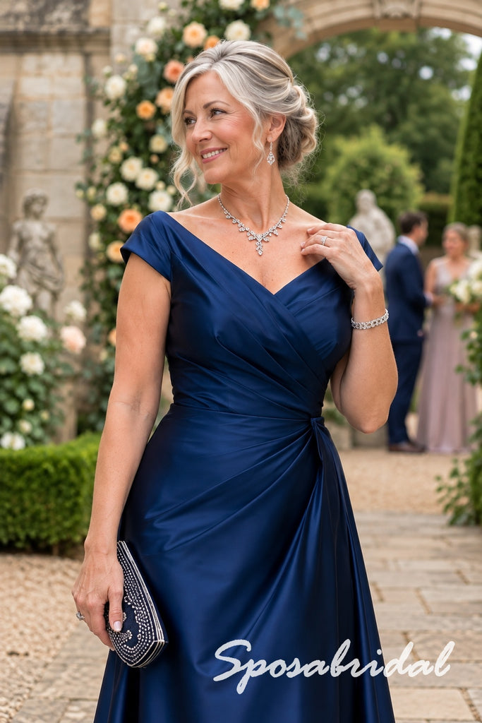 Elegant Navy Blue Draped Satin Cap Sleeves Mother Of The Bride Gown, SFM024