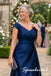 Elegant Navy Blue Draped Satin Cap Sleeves Mother Of The Bride Gown, SFM024