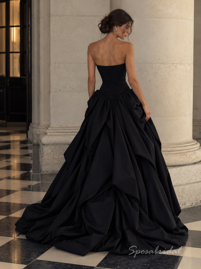 Black Strapless Ruched Bodice High Slit Ball Gown Floor Length Evening Dress,PD4319