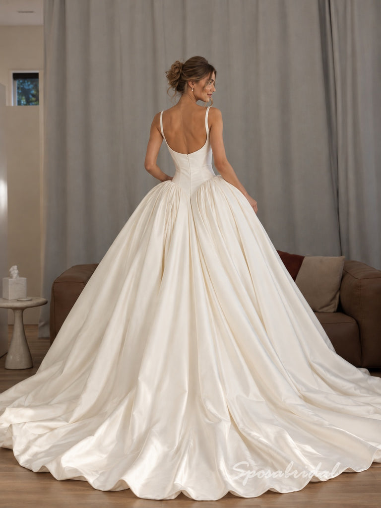 Ivory Satin Square Neck A-Line Wedding Dress With Voluminous Ball Gown Skirt,WD3137