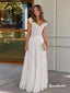 Lace Top Pleated Skirt Wedding Dress, Cap Sleeve Open Back Bridal Gown, WD3158