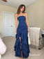 Navy Blue Strapless Ruched Back Asymmetrical Ruffle High Slit Mermaid Floor Length Evening Dress,PD4341