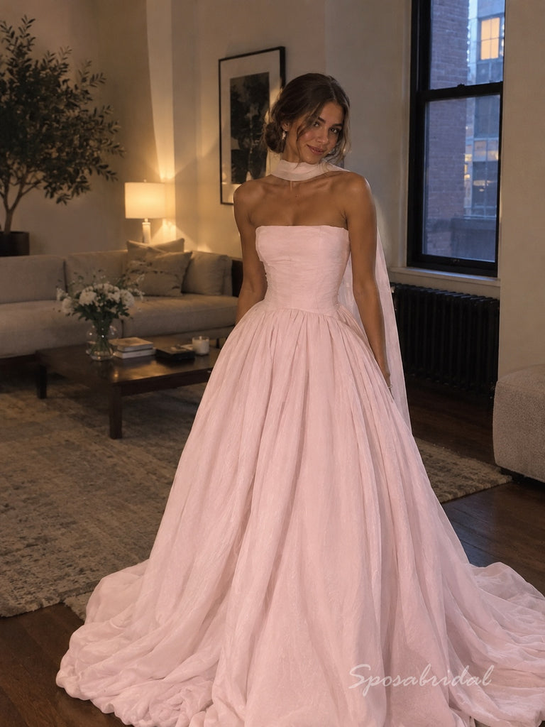 Blush Pink Satin Chiffon Strapless Straight Neck Corset Bodice Ball Gown Floor Length Evening Dress,PD4318