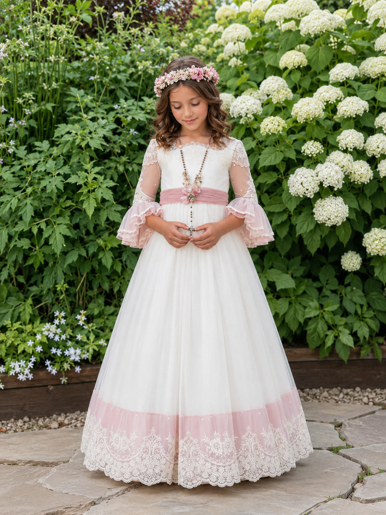 Vintage White and Pink Lace First Communion A-Line Flower Girl Dresses, FG1473